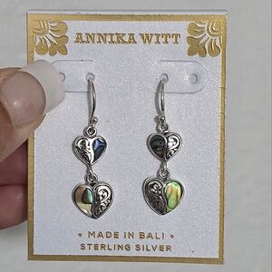 ANNIKA WITT STERLING SILVER ABALONE MOTHER OF PEARL HEART 1.25"  EARRINGS BALI